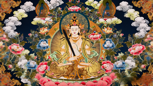 Akashagarbha Bodhisattva depicted in traditional Buddhist thangka art, symbolizing infinite wisdom, merit, and abundance in Mahayana Buddhism
