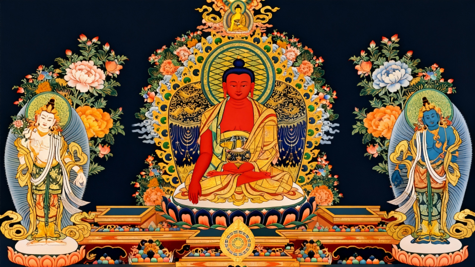 Amitabha Buddha’s meaning, Pure Land symbolism, Forty-Eight Vows, red iconography, mantras, and Himalayan Thangka representations in Buddhist art