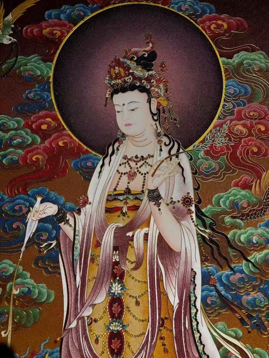 Dragon-Riding Avalokiteshvara (Nanhai Guanyin) gemstone thangka, hand-painted in the Rebgong tradition using natural mineral pigments