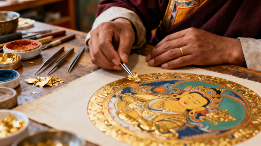 he intricate gold gilding techniques in Thangka art, including fine line gilding, raised gold relief, and halo illumination.