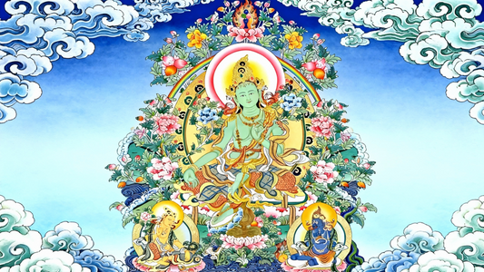 Green Tara’s meaning, origin story, Twenty-One Taras, Eight Great Fears, symbolism, mantra, and her role in Himalayan Buddhist art and protection practices.