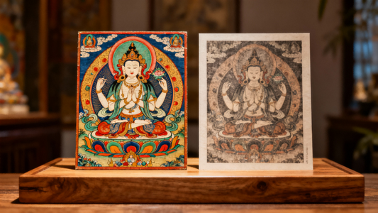 the key differences between hand-painted and printed Thangkas, including details, durability, pigments, pricing, and spiritual significance.