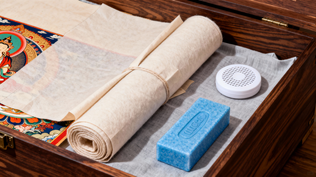 how to preserve and maintain your Thangka with essential guidelines on humidity control, sunlight exposure, dust protection, and proper handling.