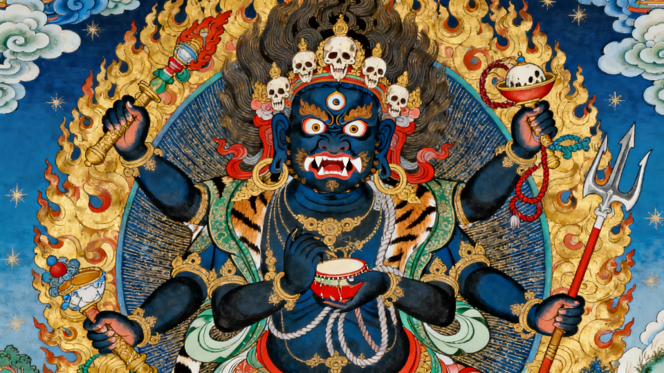 Mahakala, the Six-Armed Great Protector of Tibetan Buddhism—his origins, symbolism, ritual functions, wrathful compassion, and role in Himalayan art and practice.