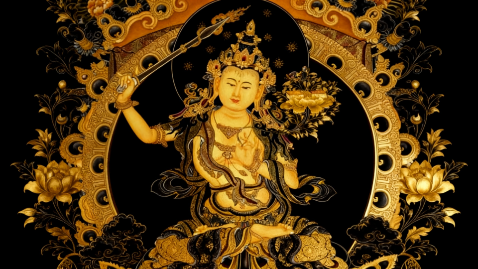 Manjushri, the Bodhisattva of Wisdom—his origin, symbolism, sword of insight, Prajnaparamita scripture, mantra, and role in Himalayan and East Asian Buddhist art.
