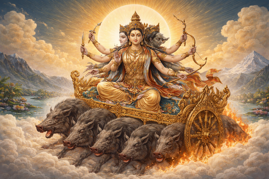 Marici Devi depicted in Himalayan Thangka art, seated on a golden chariot drawn by wild boars, symbolizing invisible protection, swift awareness, and light in Vajrayana Buddhist tradition