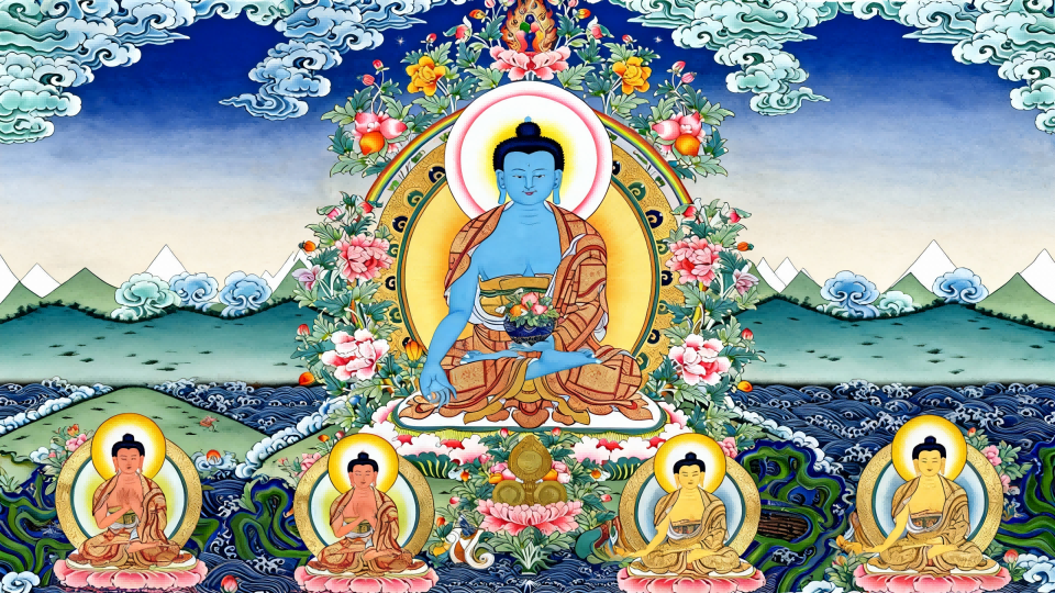 Medicine Buddha his healing symbolism, Twelve Great Vows, blue lapis body, mantras, and significance in Himalayan Thangka art.