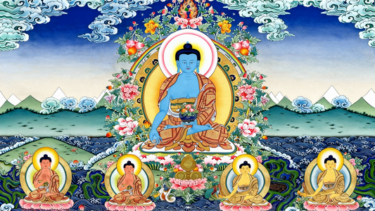 Medicine Buddha his healing symbolism, Twelve Great Vows, blue lapis body, mantras, and significance in Himalayan Thangka art.