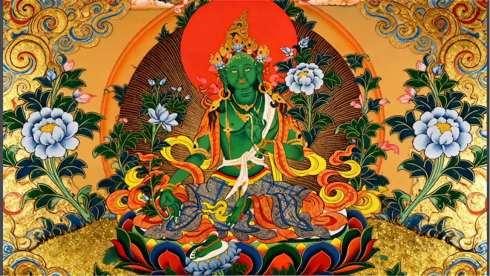 the Rebgong style of Thangka art, renowned for its precise linework, bright colors, and elegant clarity.