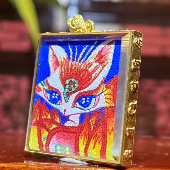 Side view of 18K gold gau box Tibetan thangka pendant featuring Fox Spirit artwork, sapphire crystal lens and hand-painted Rebgong craftsmanship