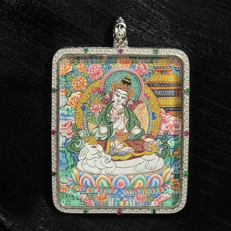 Hand-painted Tibetan mini Thangka featuring Samantabhadra Bodhisattva, symbol of right action and moral virtue, painting size 4×5 cm