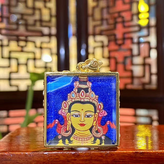 Manjushri Bodhisattva Mini Thangka Pendant – Hand-Painted Wisdom Deity in Gold-Plated Gau Box (24 × 24 mm), Guardian for Rabbit & Gemini