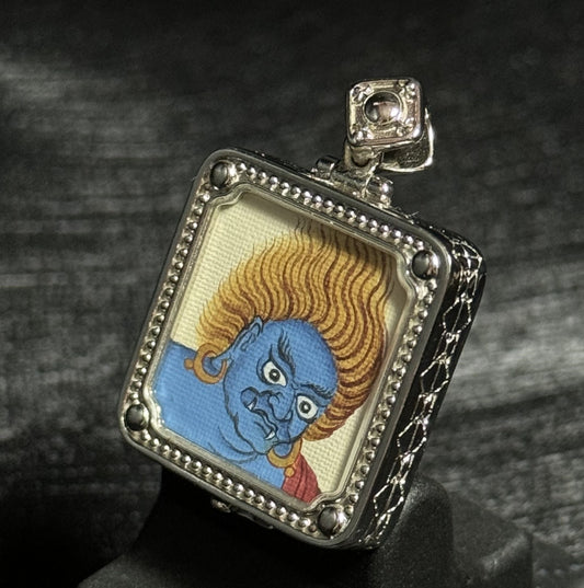Acala Vidyaraja (Acala Wisdom King) Tibetan Mini Thangka Pendant – Hand-Painted with 925 Silver Plating (2 × 2 cm), Guardian for Rooster & Aries