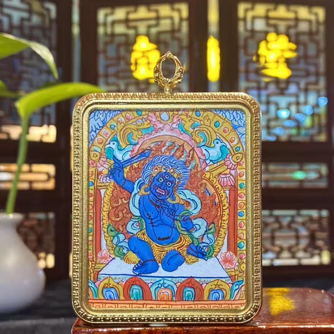 Hand-painted Acala Vidyaraja Thangka Gau Pendant in titanium steel, showing the Wisdom King in a protective, fierce stance with a sword and vajra rope.