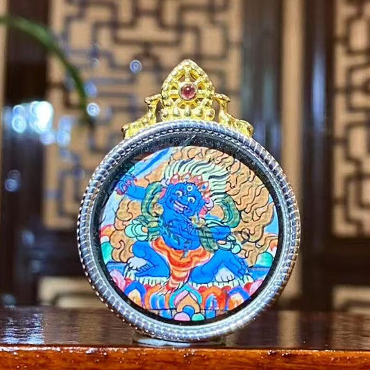 Hand-painted Acala Vidyaraja (Acala Wisdom King) Tibetan mini thangka pendant showing the deity seated in calm yet powerful posture, symbolizing protection and inner strength
