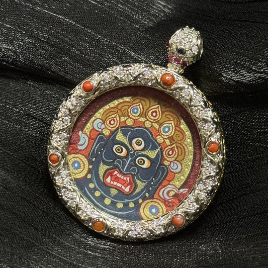 Back view of Acala Vidyaraja mini thangka pendant with customizable engraving, hand-painted Rebgong Tibetan art in red and gold