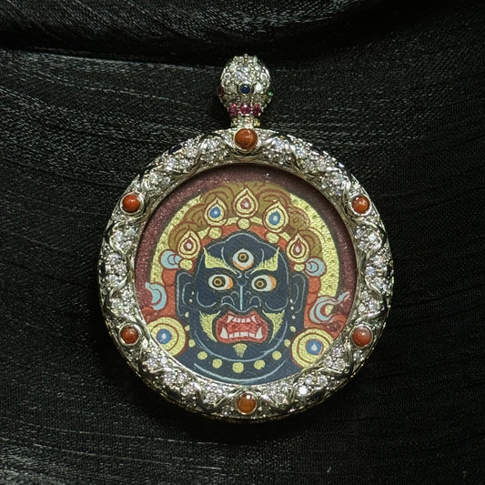 Hand-painted Acalanatha (Fudo Myo-o) round mini thangka pendant with mineral pigments, Rebgong Tibetan style, set in jeweled copper case