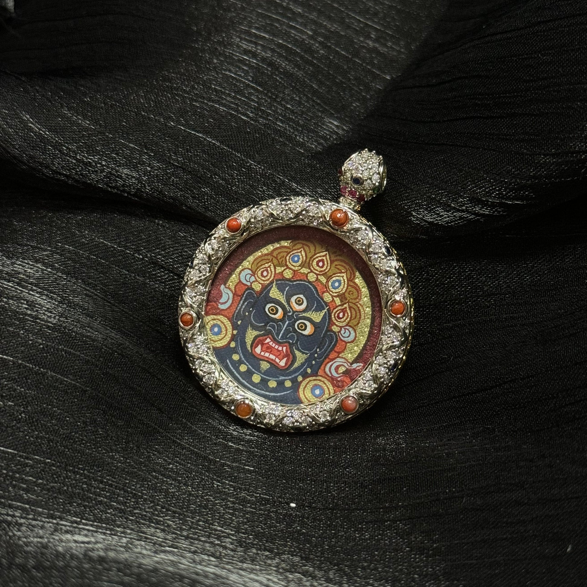 Acalanatha wrathful protector deity miniature thangka painting in circular pendant frame, traditional Tibetan Rebgong mineral pigment artwork
