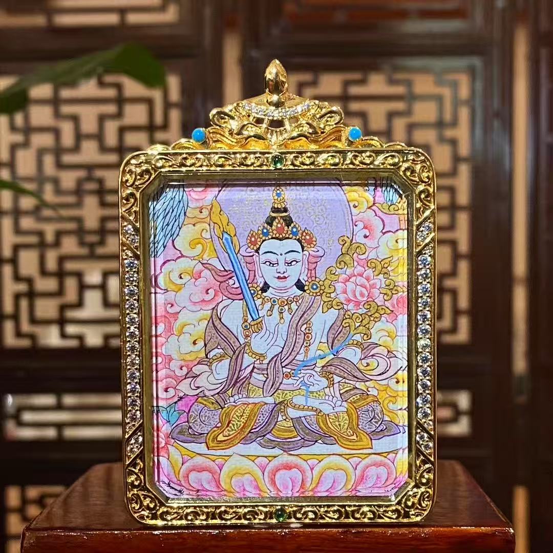 Hand-painted Akashagarbha Bodhisattva thangka pendant in a gold-plated Tibetan Gawu box, double-sided Buddhist artwork symbolizing wisdom and prosperity
