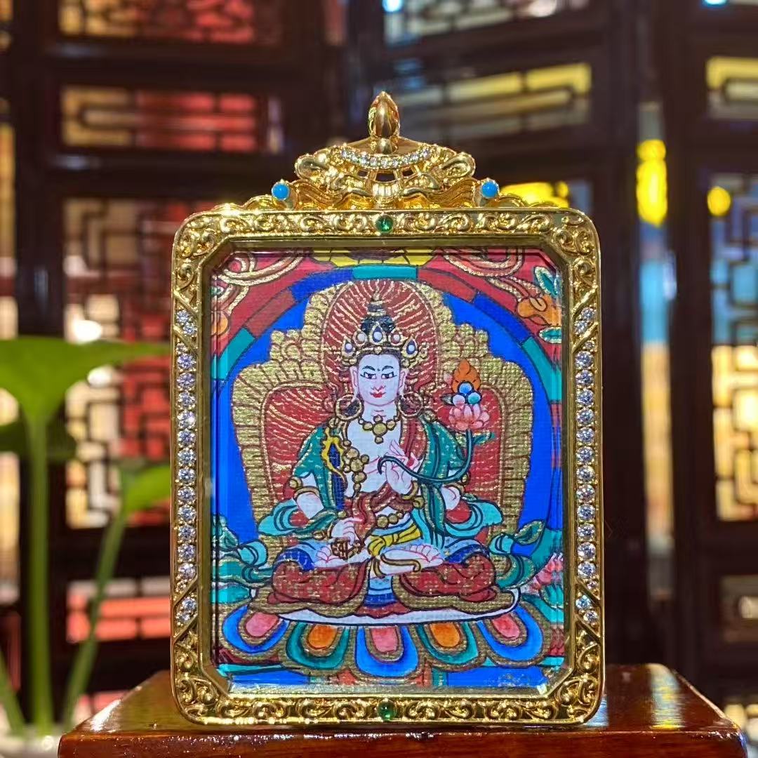 Hand-painted Akashagarbha Bodhisattva thangka pendant in a gold-plated Tibetan Gawu box, double-sided Buddhist artwork symbolizing wisdom and prosperity