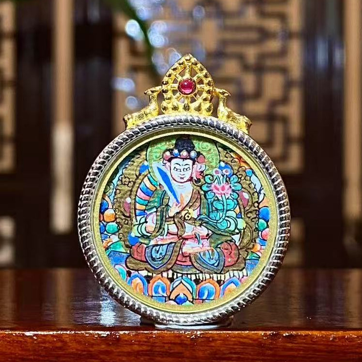 Hand-painted Akashagarbha Bodhisattva mini thangka in S925 silver gau pendant, front view, 24mm