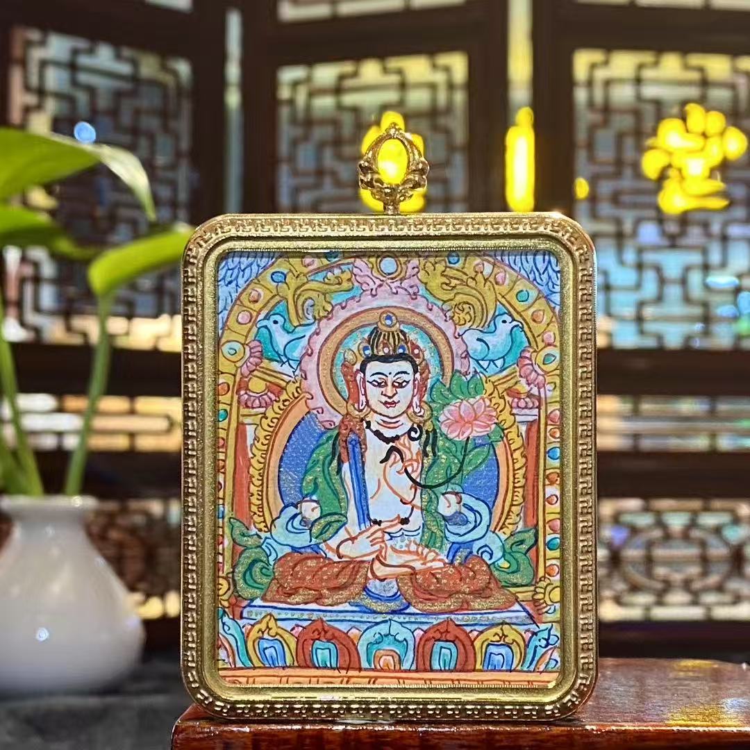 Hand-painted Akashagarbha Bodhisattva thangka in titanium steel gau pendant, front view, 56×46mm