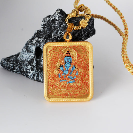 Front view of an Akashagarbha Bodhisattva mini thangka pendant featuring a blue deity figure, fine red line work on a gold-ground background, hand-painted with mineral pigments and set in a copper case.