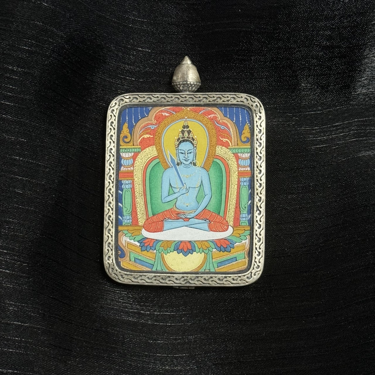 Hand-painted Akashagarbha Bodhisattva mini thangka pendant in silver protective case, Tibetan mineral pigment thangka artwork 4×5 cm