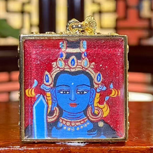 Hand-painted Akashagarbha Bodhisattva red-ground mini thangka pendant in a gold-plated Tibetan Gawu box, symbol of wisdom and prosperity