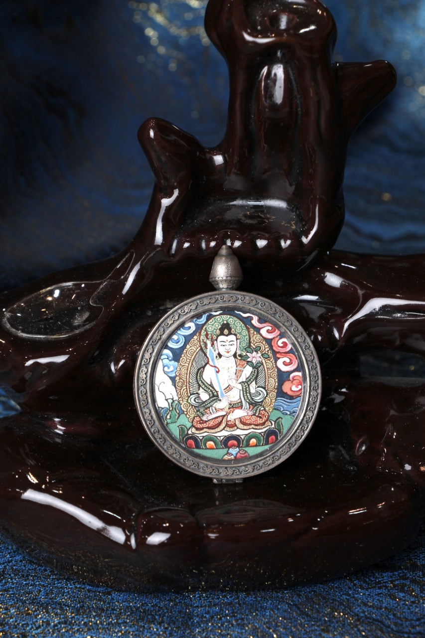 Back view of Akashagarbha Bodhisattva thangka pendant showing detailed 925 sterling silver relief with traditional Buddhist motifs