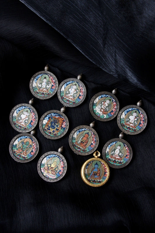 Acala Vidyaraja Thangka Pendant – Rebgong Hand-Painted Cloud Background, 925 Silver Case (3cm)