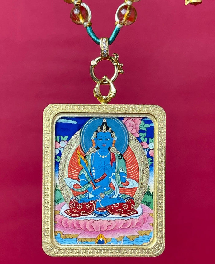 Akashagarbha Bodhisattva Tibetan Thangka Pendant  Hand-Painted with Mineral Pigments | Guardian for Ox, Tiger & Virgo Painting Size: 3.5 × 4.5 cm