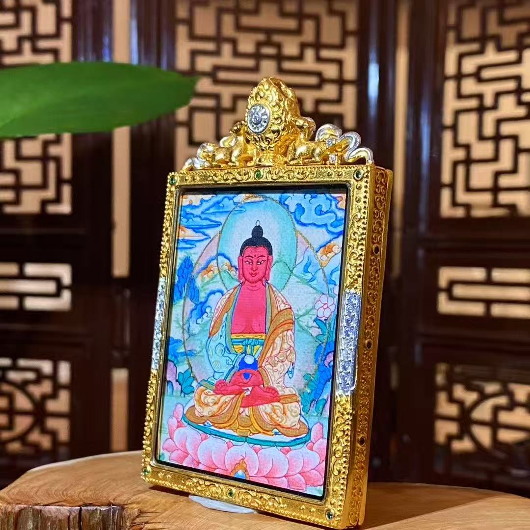 Side view of Amitabha Buddha Gau pendant highlighting the gold-plated copper frame, gemstone accents, and refined handcrafted metalwork