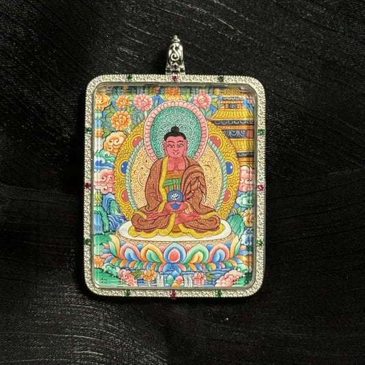 Hand-painted double-sided mini Thangka pendant featuring Amitabha Buddha with sacred Mandala, compact 4×5 cm spiritual pendant and zodiac guardian gift