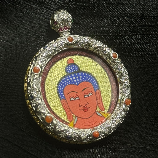 Amitabha Buddha Rebgong mini Thangka pendant set in an elegant jewelry-grade copper casing, presented in a premium gift box, red and gold Buddhist pendant for spiritual gifting