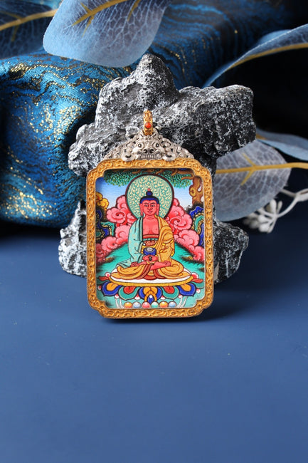 Amitabha Buddha Mini Thangka Pendant Hand-Painted • Mineral Pigments • Rebgong Origin • 3.5 × 4.5 cm