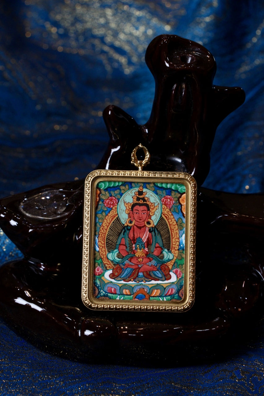 Front view of Amitayus Buddha mini thangka pendant, Nepalese Color Thangka style, hand-painted details and vivid mineral pigments