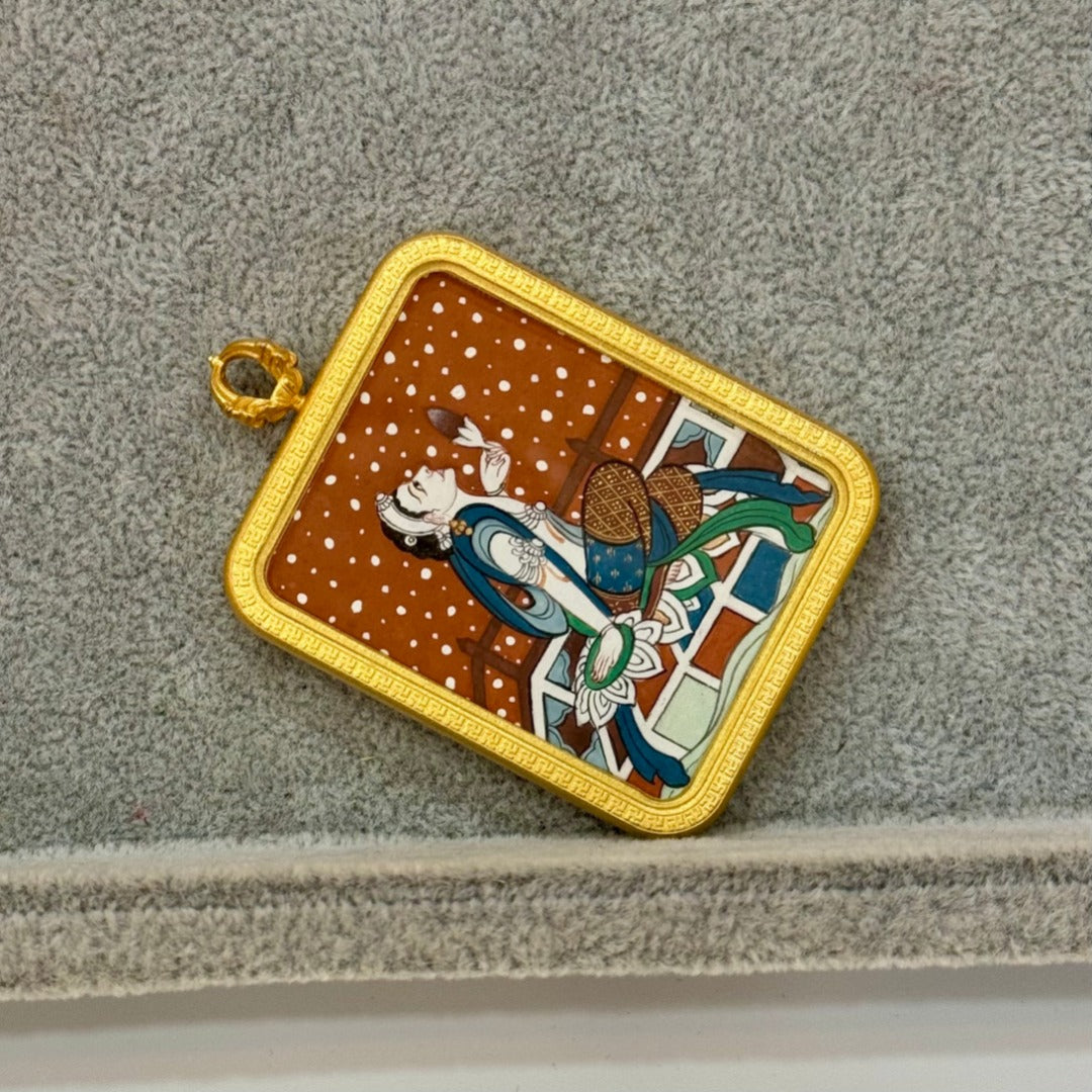 Angled view showing the thickness and structure of the matte copper case surrounding the hand-painted Holding Lotus Avalokiteshvara thangka artwork.