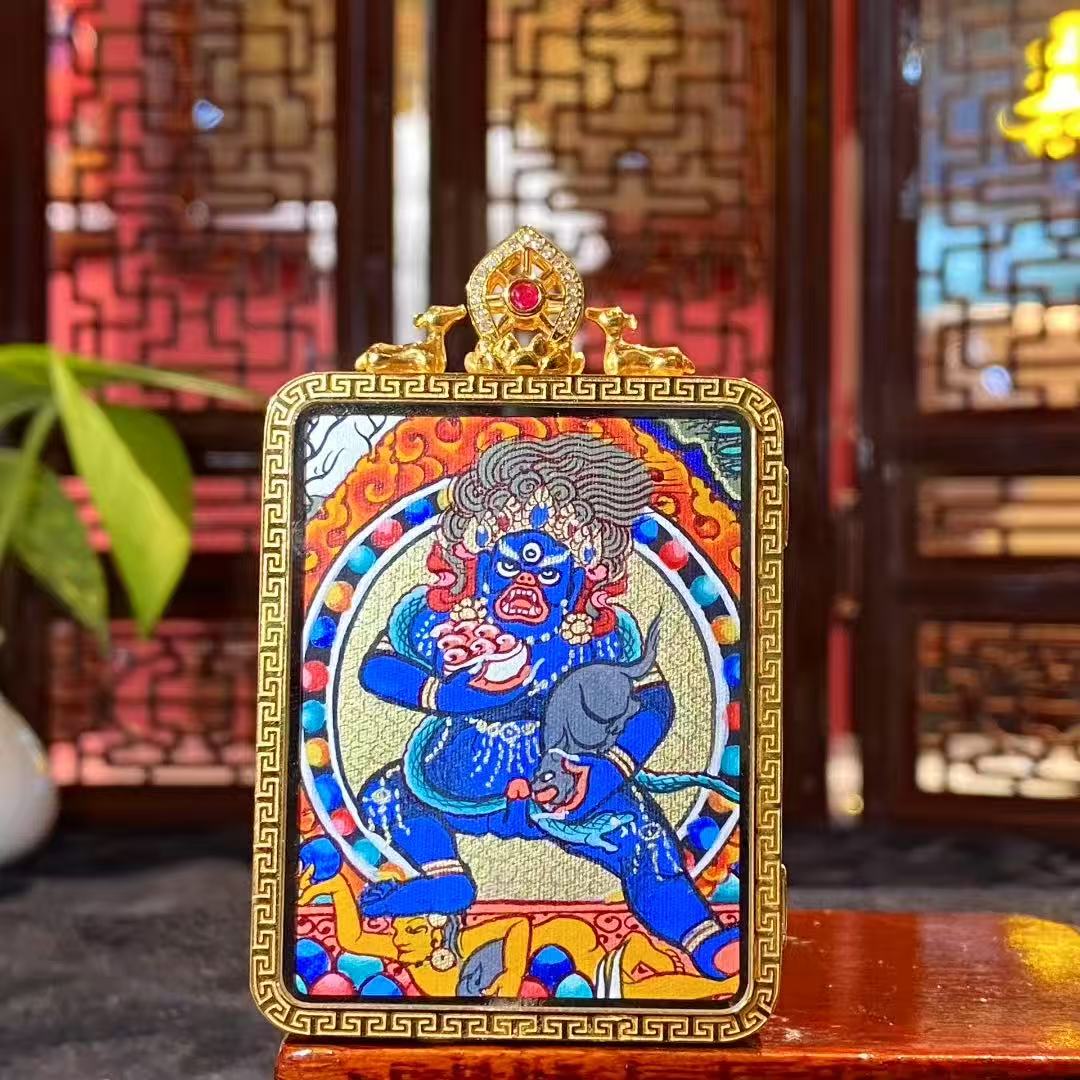 Back view of double-sided thangka pendant featuring Black Jambhala hand-painted in 18K gold, symbolizing obstacle removal and forceful wealth protection