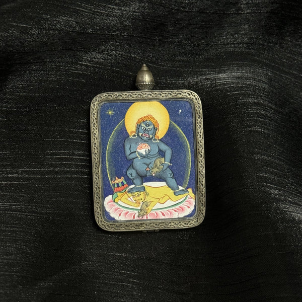 Black Jambhala Mini Thangka Pendant Hand-Painted • Mineral Pigments • Tibetan Origin • 3.5 × 4.5 cm