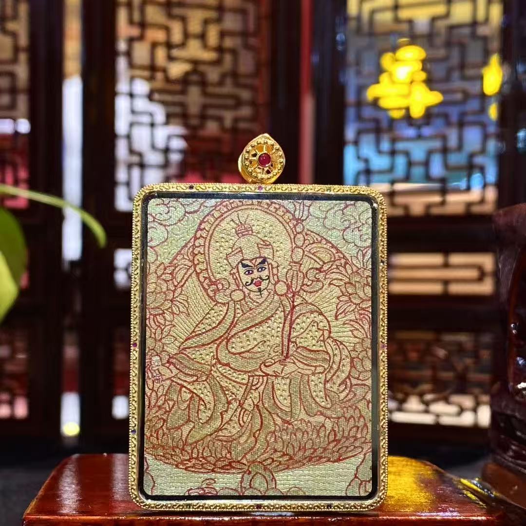 Front view of Cundi Bodhisattva thangka pendant, fully hand-painted on both sides with 18K gold, Rebgong Tibetan art, sapphire crystal Gawu box