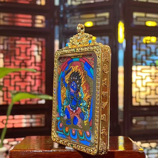 Back view of double-sided Acala Vidyaraja Tibetan thangka Gawu pendant featuring a hand-painted four-sided mandala symbolizing stability, protection, and balance