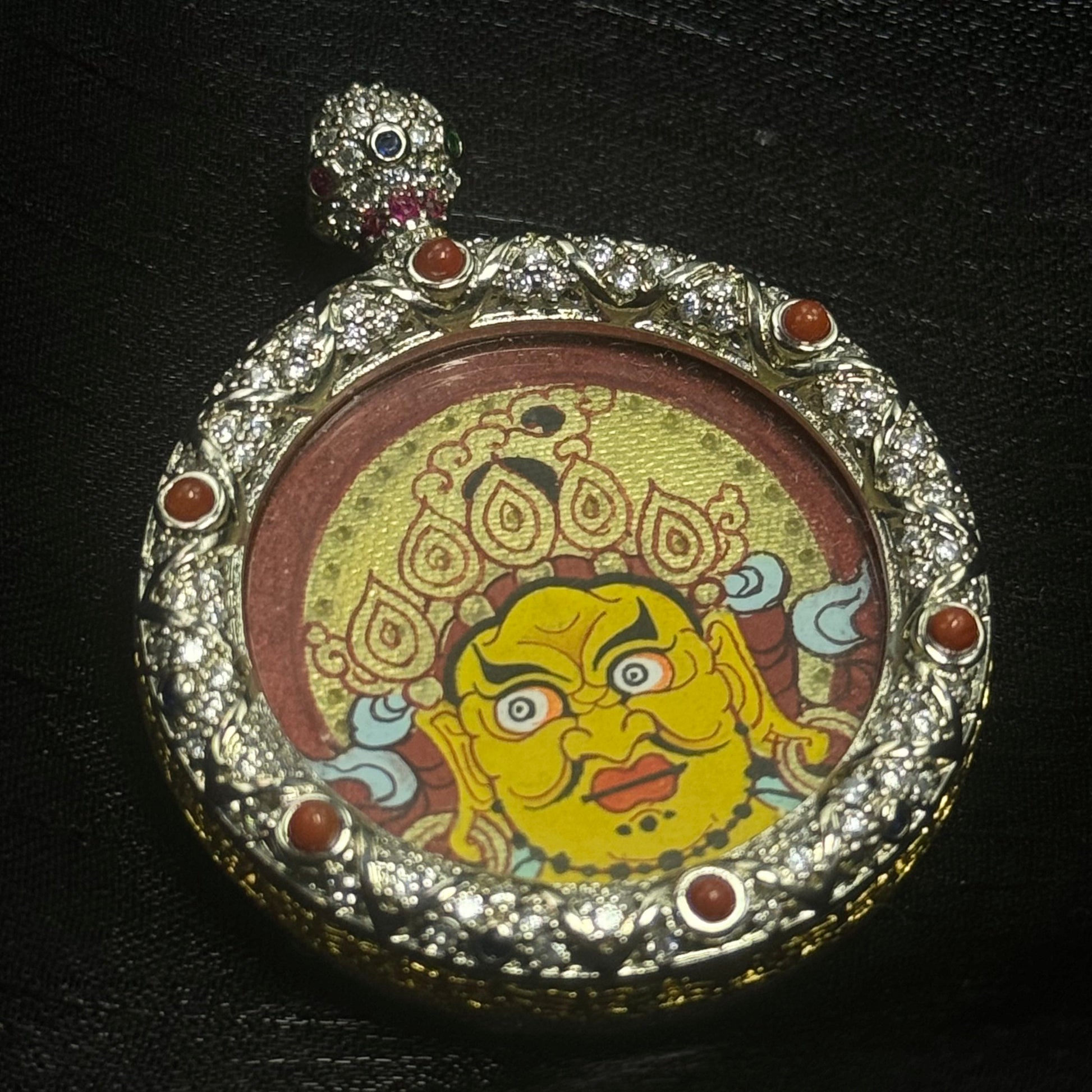 Double-sided Yellow Jambhala mini thangka pendant from Rebgong with customizable back, jewelry-grade copper case, designed for personal mantras or symbols