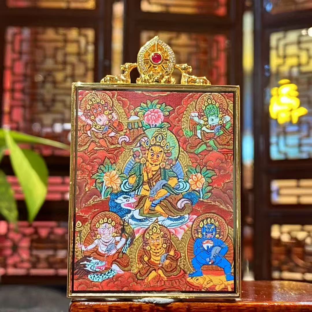 Back view of double-sided thangka pendant featuring the Five Jambhalas wealth deities with Amitabha Buddha above, symbolizing complete wealth and protection