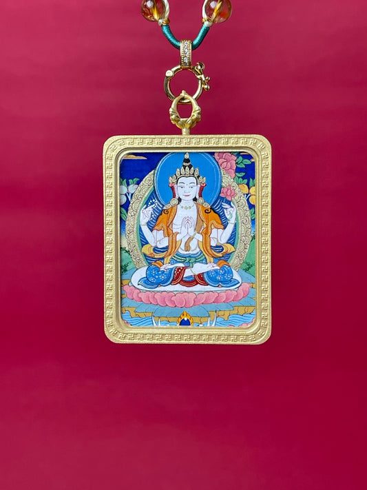 Four-Armed Avalokiteshvara (Chenrezig) mini thangka pendant hand-painted with mineral pigments in Tibetan Buddhist style