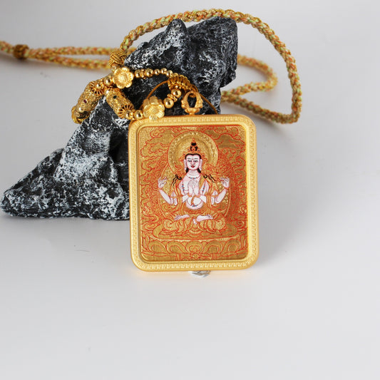 Front view of a Four-Armed Avalokiteshvara mini thangka pendant, hand-painted in Rebgong gold thangka style with mineral pigments, featuring detailed red line work, gold-ground background, and a copper protective case.