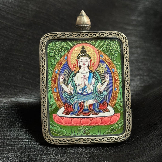 Hand-painted Four-Armed Avalokiteshvara (Chenrezig) mini thangka from Rebgong, created by a Tibetan lama artist using natural mineral pigments, part of the Cui Thangka Series, painting size 3.5 × 4.5 cm