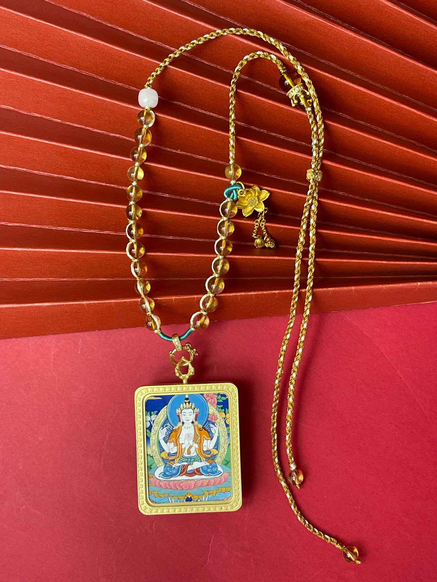 Four-Armed Avalokiteshvara Chenrezig Tibetan thangka pendant necklace with mineral pigment hand-painted miniature thangka
