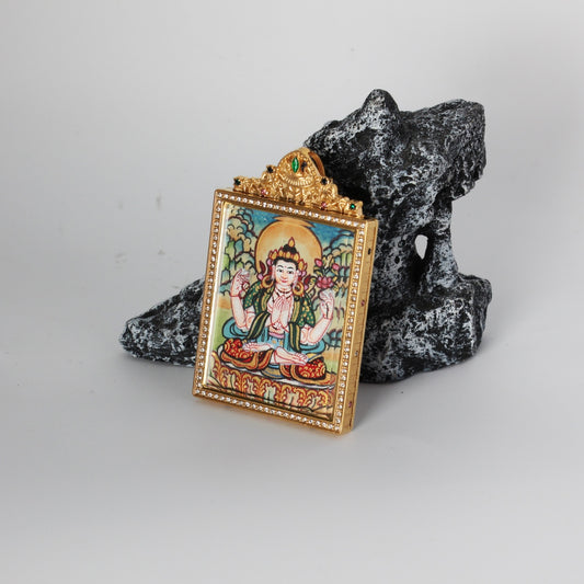 Angled view of Four-Armed Avalokiteshvara (Chenrezig) mini thangka pendant with jeweled double-sided titanium steel case from Nepal pastel series, 4×5.
