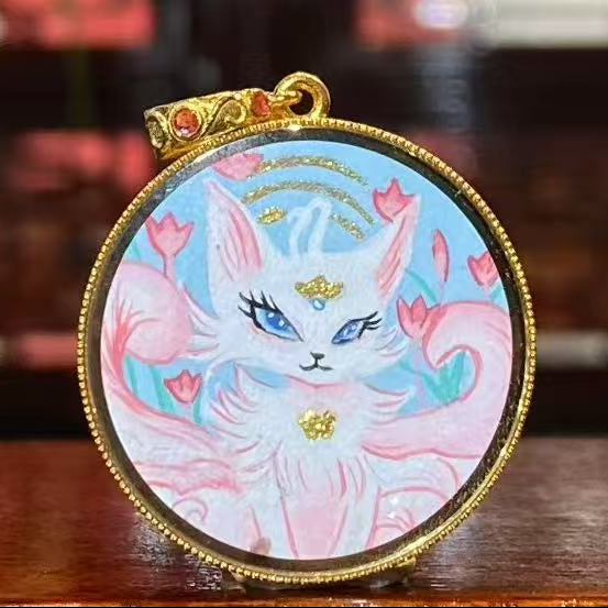 Front view of Fox Spirit (Hu Xian) Tibetan mini thangka pendant, 18K gold double-sided hand-painted Rebgong art symbolizing wisdom and harmony